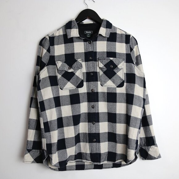 Roots Other - Roots Mens Plaid Elbow Patch Flannel Long Sleeve Shirt Size Small Cream Black